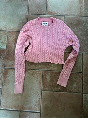 aerie Pink Cropped Cable-Knit Crewneck Sweater